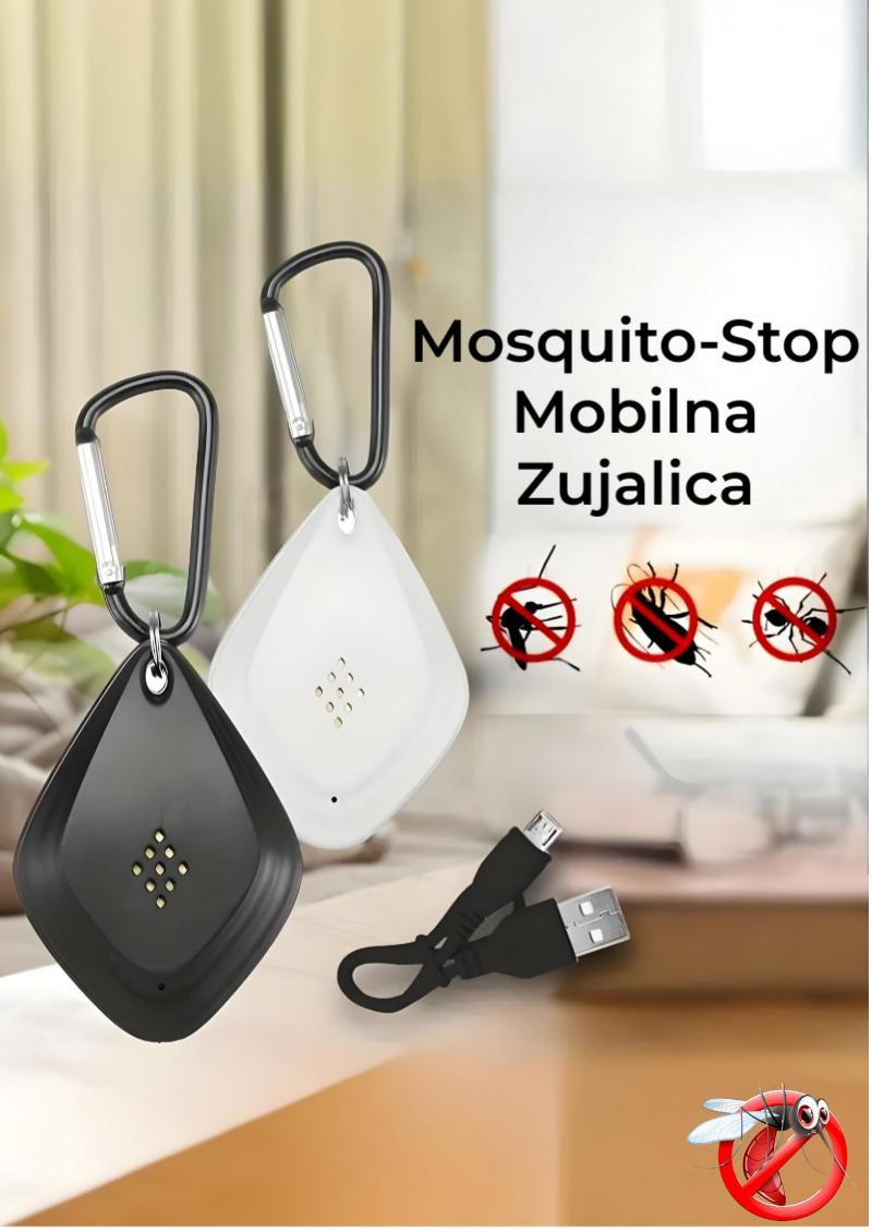 Prijenosna ultrazvučna zujalica protiv komaraca – Mosquito-Stop uređaj za učinkovitu zaštitu od komaraca bez kemikalija. Kompaktan, USB punjiv i pogodan za korištenje u zatvorenom i na otvorenom.
